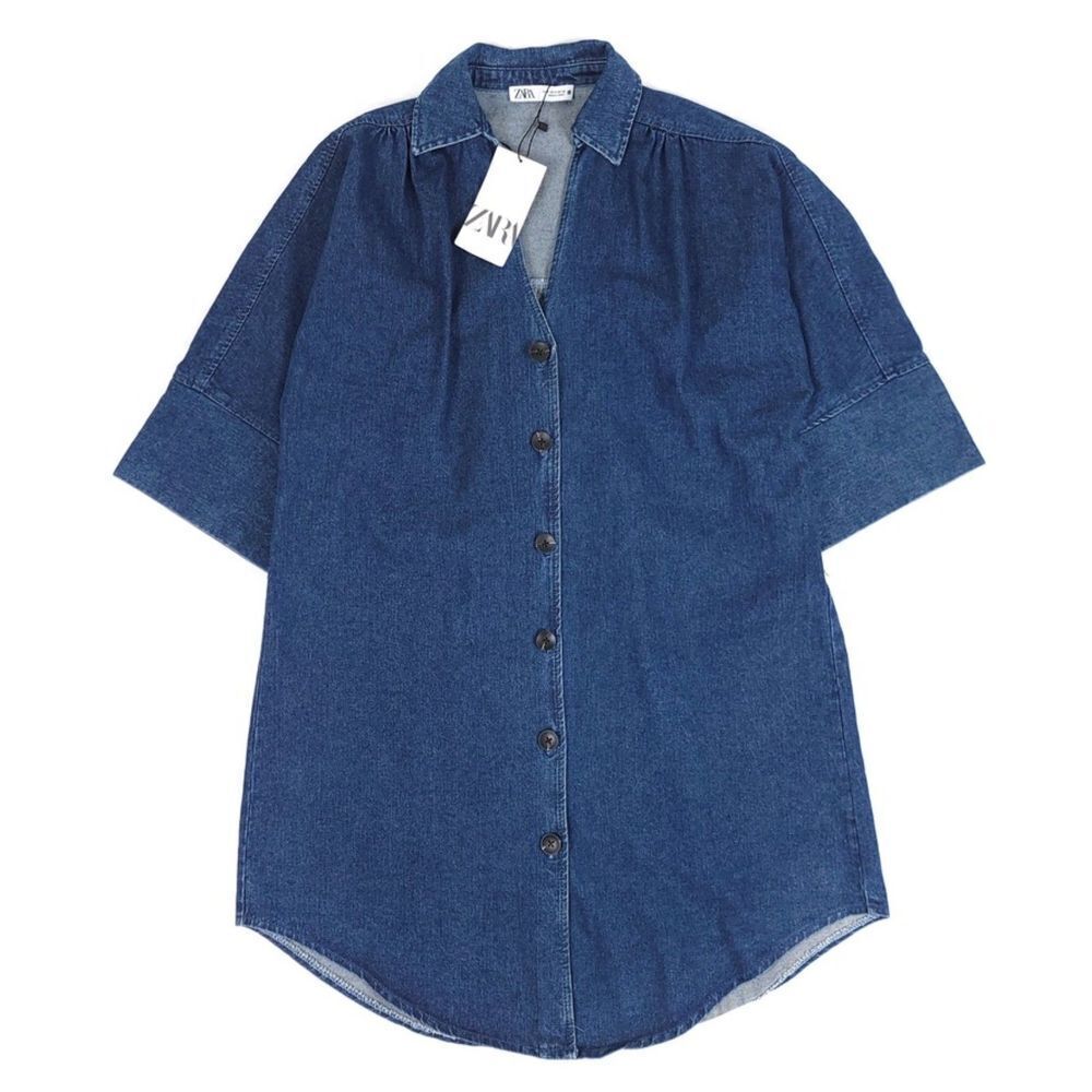ZARA Oversized Denim Button Down Midi Dolman Sleeve Shirt Dress Dark Wash Small